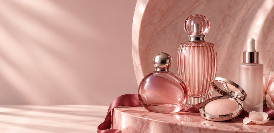 Blush-toned fragrance and makeup still life